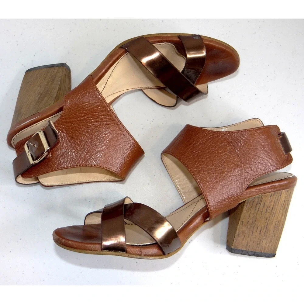 Isola Brown Leather and Metallic Bronze‎ Block Heel Sandals 6.5M 6318100